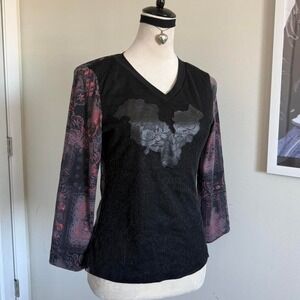 Vintage Y2K black paisley lace print long sleeve flower decal bell sleeve V-neck